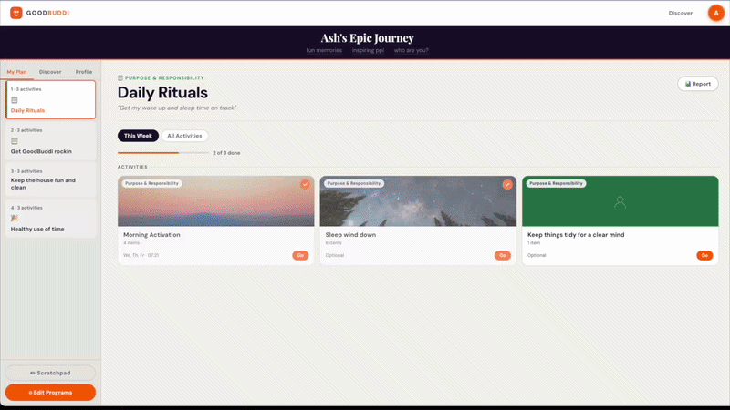 GoodBuddi product demo — build routines, tap Go, complete activities, see the finish screen